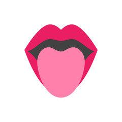Illustration of open mouth with pink lips, gray inside, and a pink tongue sticking out, isolated on white