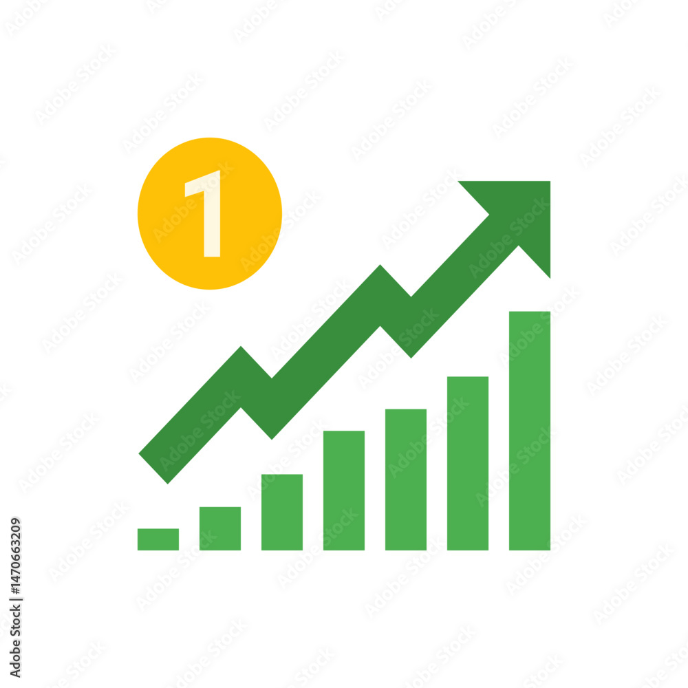 Poster green arrow pointing upwards over green bars with a yellow circle and the number one inside it