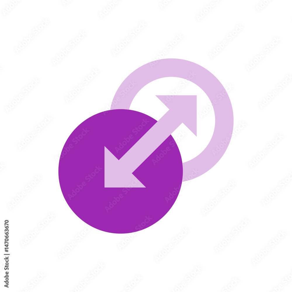 Poster abstract illustration showing two circles with arrows pointing up and down in a purple theme design