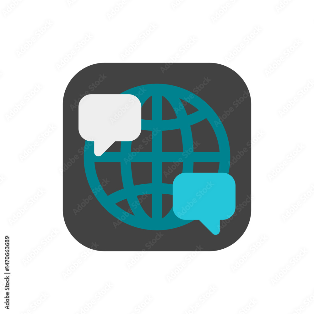 Poster illustration of a globe with teal grid lines and two speech bubbles on a dark gray rounded square ba