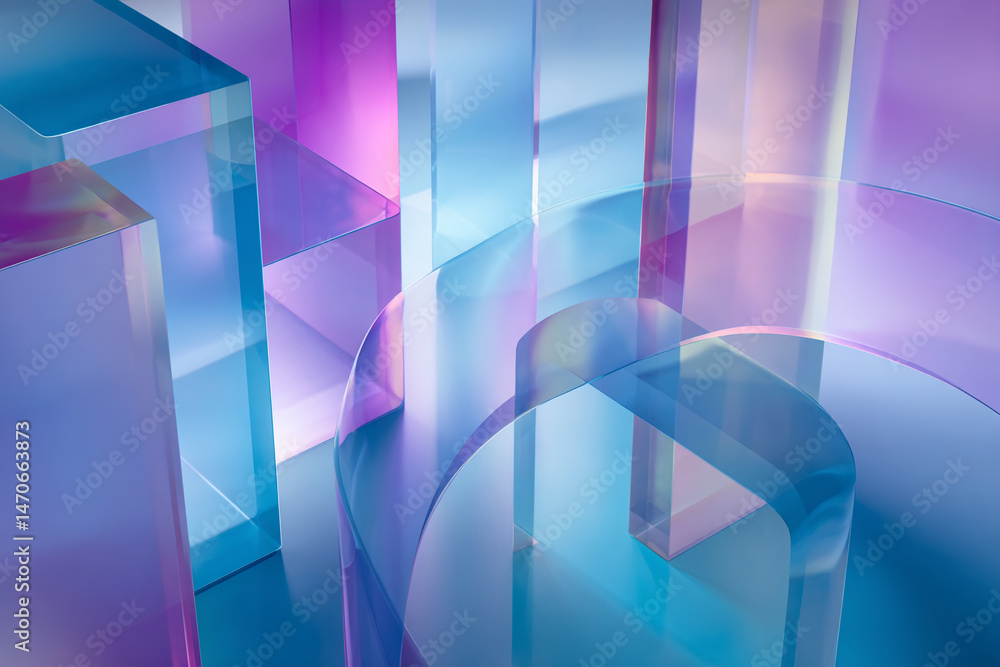 Poster abstract image of translucent blue and purple geometric shapes, creating a modern and minimalist sho