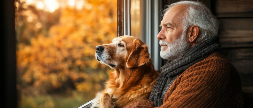 Older man and dog looking out autumn window.