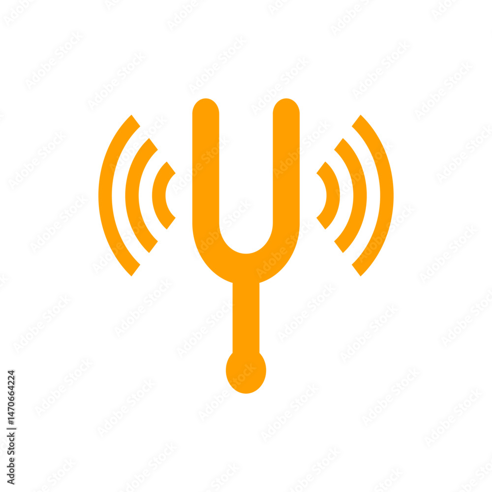 Poster illustration of a golden tuning fork with sound waves emanating from both sides on white background