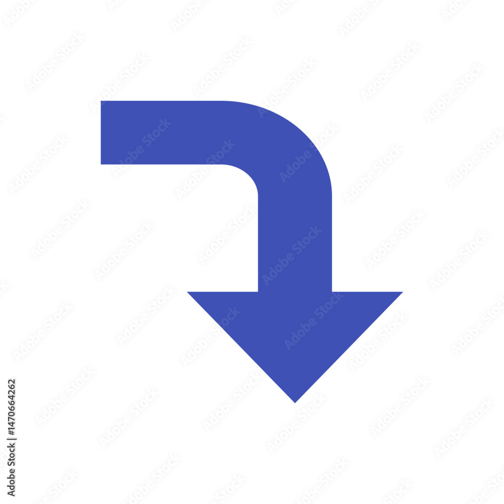Poster a downward pointing arrow with a rounded corner in a shade of blue against a white background image