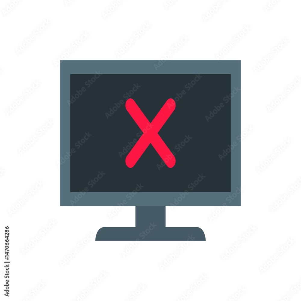 Poster grey desktop computer monitor displaying a large red x symbol on the screen indicating an error mess