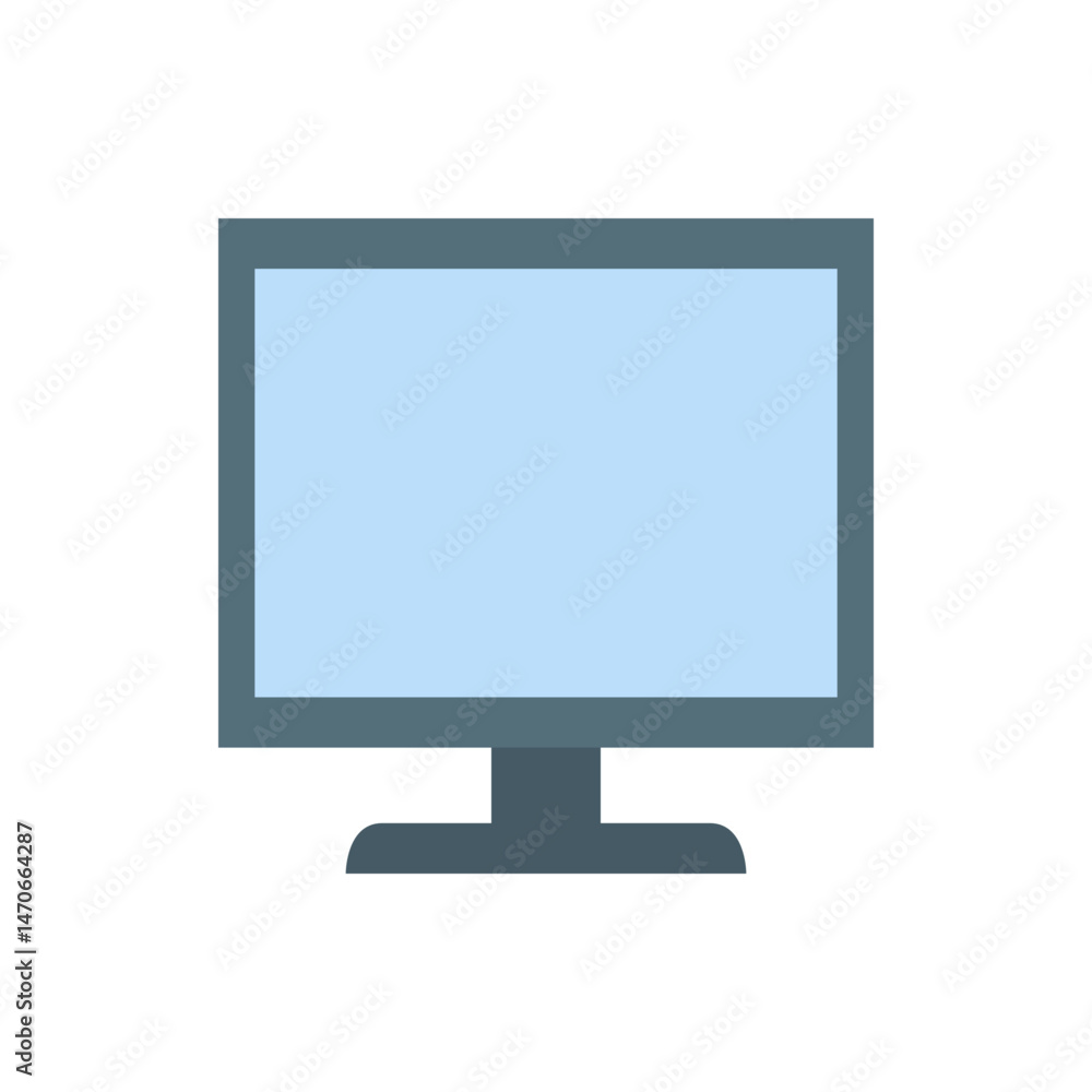 Poster illustration of a flat screen monitor with a light blue display and a gray base on a white backgroun