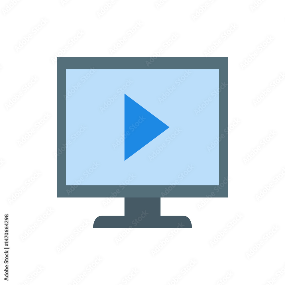 Poster illustration of a monitor with a play button on the screen depicting video playback and technology u