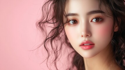 Fototapeta premium Close-up portrait of a young woman with soft, styled hair.