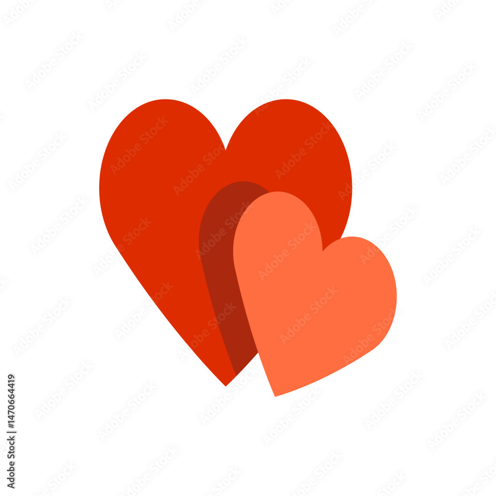 Poster illustration of overlapping red and orange hearts creating a layered effect on a white background vi