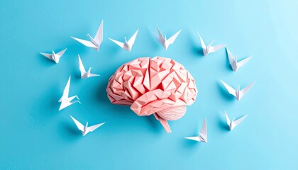 Origami brain with flying paper cranes on blue background. Concept of creativity, mental clarity, imagination, mindfulness, and freedom of thought in artistic paper craft style. Ai Generated
