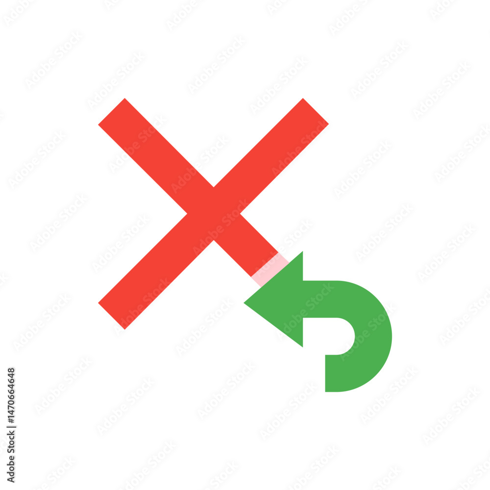 Poster red cross symbol with a green curved arrow pointing back representing undo or revert operation on wh