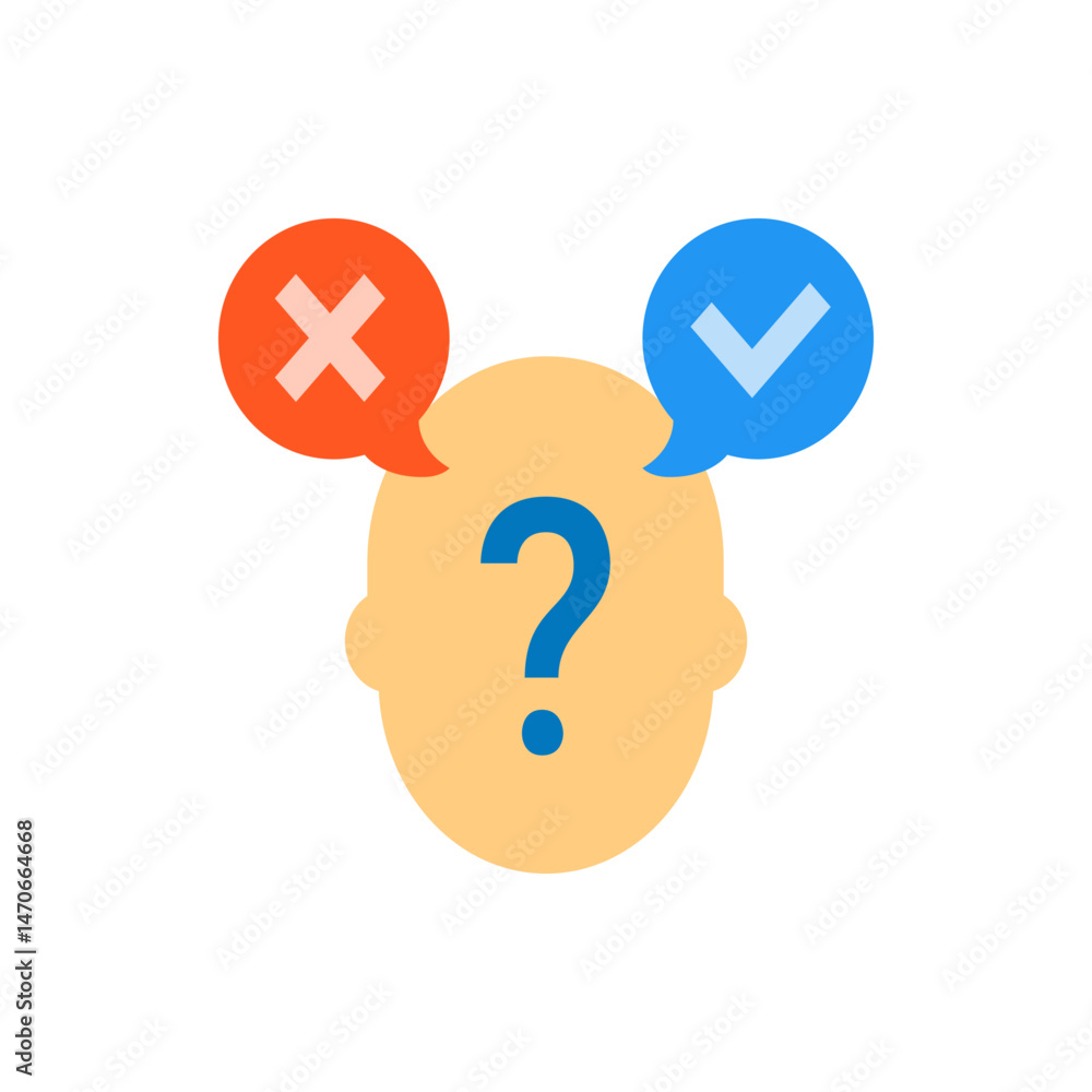 Poster person with question mark on head and speech bubbles with check mark and cross mark representing cho