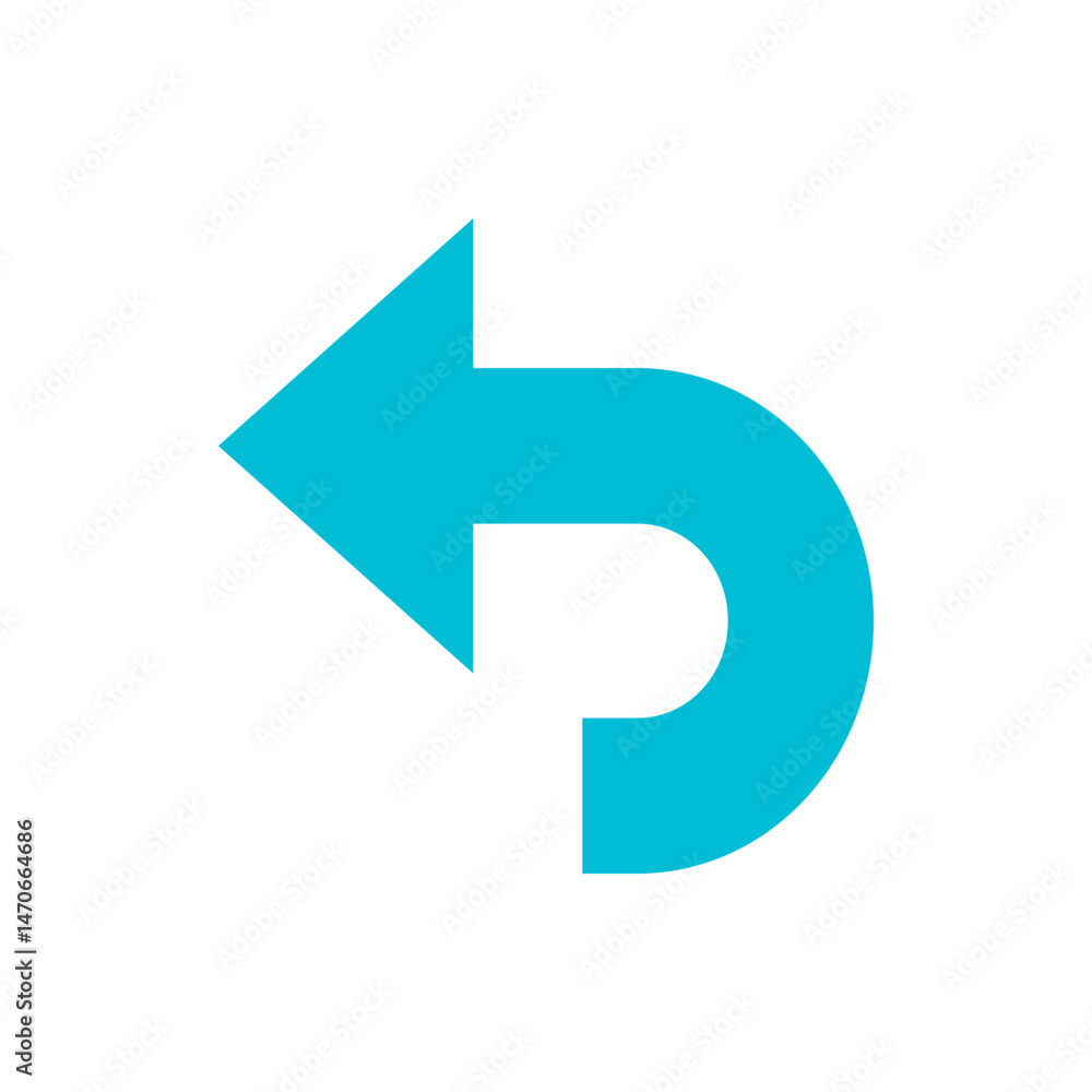 Poster turquoise arrow pointing left with a curved tail on a white background in a simple graphic design st