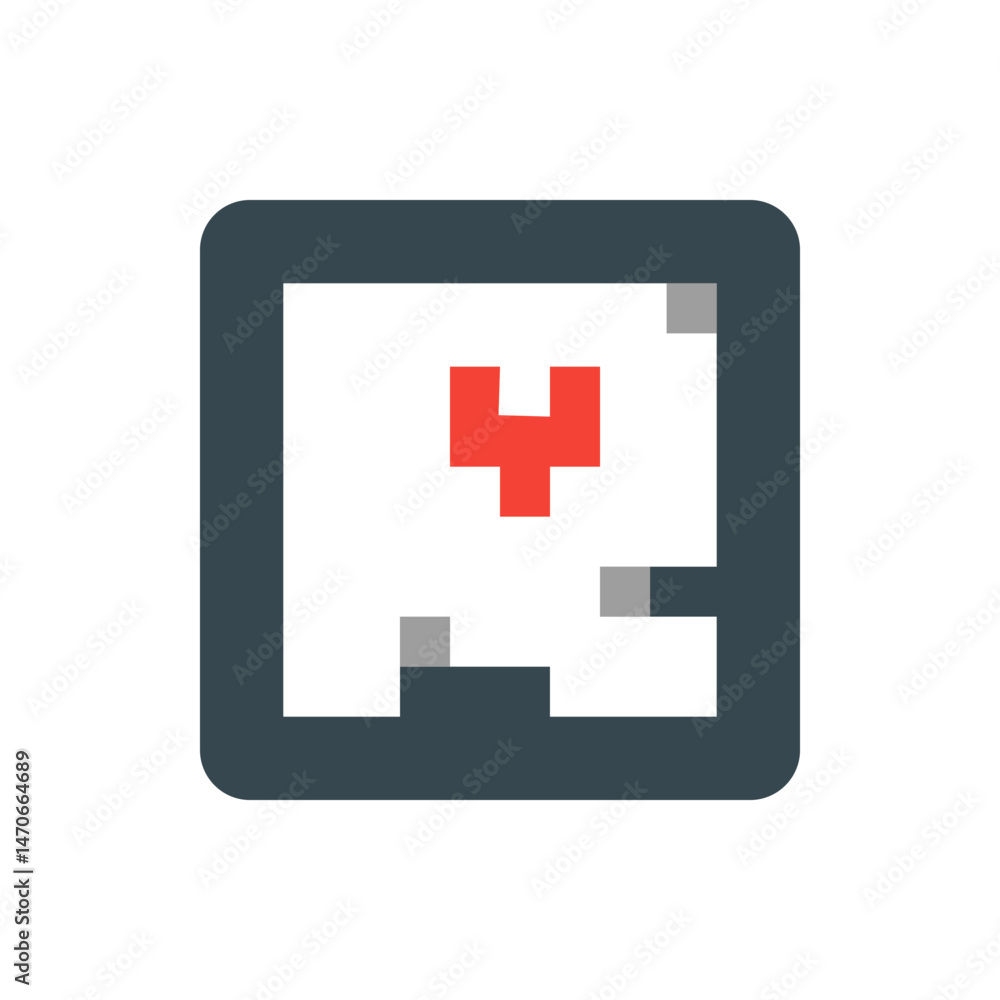 Poster pixelated square icon with rounded corners containing a red plus sign and gray pixelated elements in