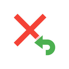 Red cross symbol with a green curved arrow pointing back representing undo or revert operation on white