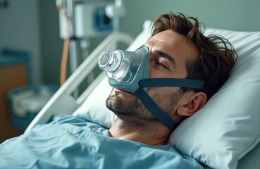 Man wearing breathing apparatus resting in hospital bed. Patient receives oxygen therapy for sleep apnea, respiratory problems. Healthcare, sleep disorder treatment. Hospital room, equipment,