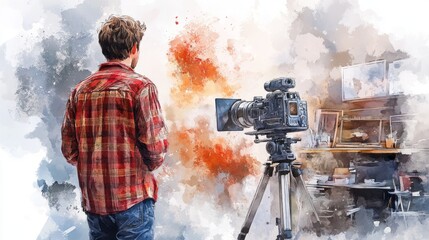 Obraz premium A painted scene of a videographer in action.