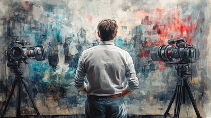Man contemplates a vibrant abstract artwork.