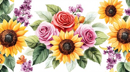 Elegant Lilac Sunflowers Pink Roses Seamless Pattern for Textiles and Wallpaper
