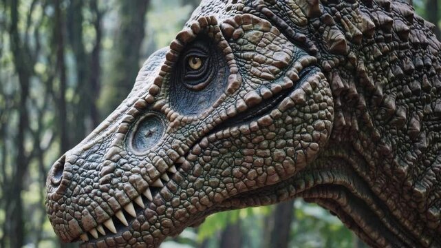 Realistic dinosaur animatronic head moving against lush forest backdrop