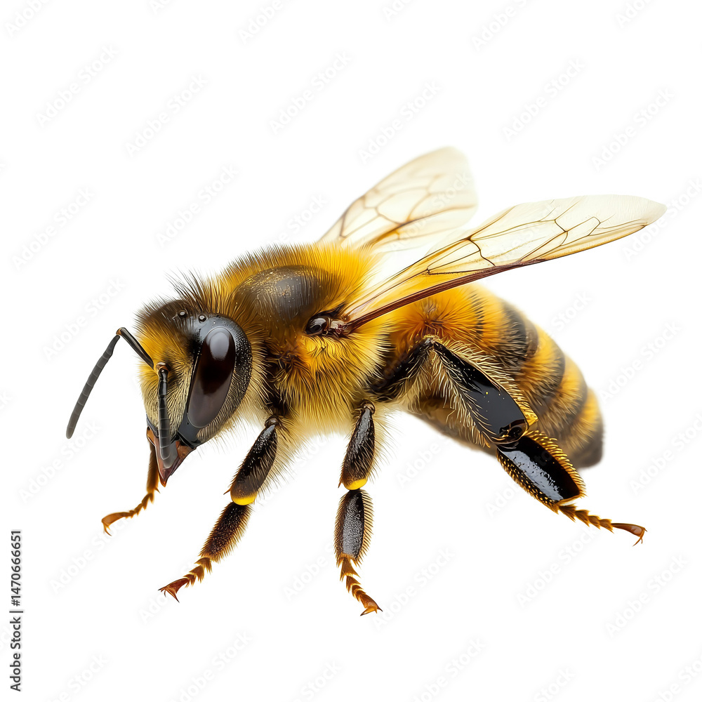 Poster detailed macro shot of a bee highlighting its features against a transparent background, macro shot 