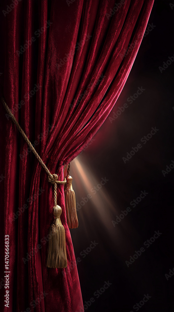 Poster Red velvet curtain partially open, revealing a dark background with light rays, showcasing texture and a dramatic, theatrical scene, ideal for a presentation backdrop