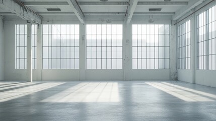 Fototapeta premium Spacious industrial loft interior with large windows and bright sunlight room grey airy open space