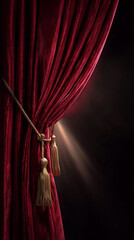 Red velvet curtain partially open, revealing a dark background with light rays, showcasing texture and a dramatic, theatrical scene, ideal for a presentation backdrop