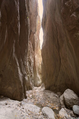 Exploring a narrow canyon with towering walls and natural light filtering through during a quiet afternoon in the wilderness.