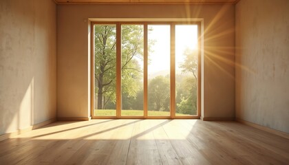 Fototapeta premium Empty room renovation concept with bare walls and wooden floor. Natural sunlight from big windows. Interior design, home improvement, real estate. Space for design and decor. Room for rent or sale.