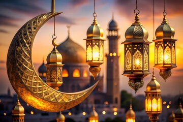 Obraz premium Golden Crescent And Lanterns With Mosque In The Background