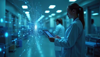 Female doctor with tablet computer connected to global healthcare network on hospital background. Innovative telemedicine tech, medicine, digital healthcare, futuristic interface, medical data