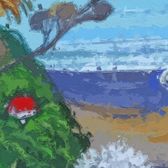 Fototapeta premium Various oil paintings, flowers, animals, landscapes, lotus leaves, fruits, and the beautiful sea