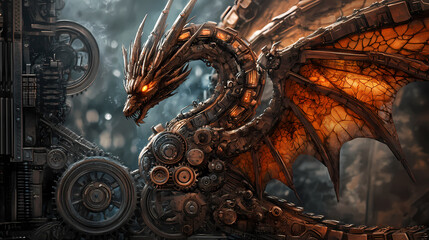 Obraz premium Majestic steampunk dragon highlighting mechanical design with complex gear background. [Mechanical Folklore] | Gears of Lore | spinning tale. Illustration