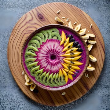 Colorful Tropical Smoothie Bowl with Fresh Fruits: Vibrant acai and pitaya smoothie bowl topped with exotic fruits, perfect for healthy eating and vegan lifestyle content."