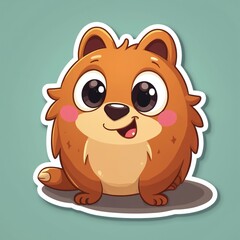 Fototapeta premium Cute sticker of cartoon animal. Friendly character has big eyes, pink cheeks. Round furry body. Positive emotion. Ideal for kids designs, logo, print, sticker, poster, decor.