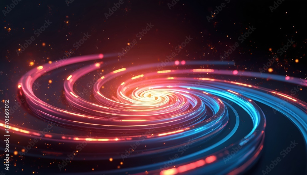 Poster Abstract 3d illustration featuring neon background with luminous swirling elements, glowing spiral design. Composition includes elegant black backdrop, halo effect, optical spark particles.