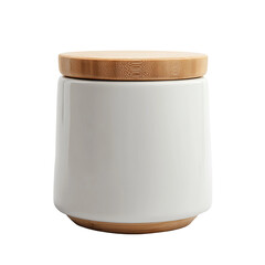 A simple ceramic jar with a natural wooden lid, perfect for storing goods
