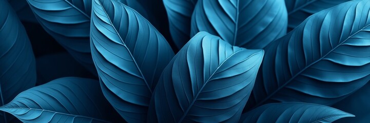 Obraz premium Hyperrealistic closeup digital artwork of overlapping dark blue leaves with textured veins and soft lighting