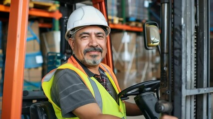 A smiling forklift operator in a white hardhat and yellow safety vest sits in a forklift in a warehouse setting. Pallets of merchandise are visible in the background.
