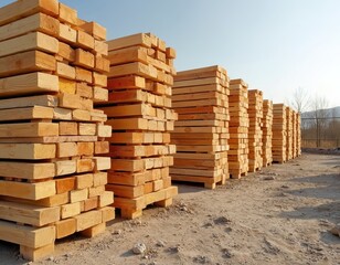 Stack of wooden boards at sawmill. Timber wood building material. Natural rough wooden boards stacked on building site ready for construction industry. Industrial timber production.