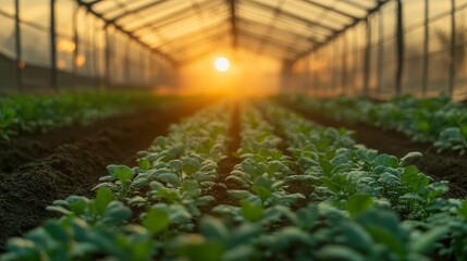 Greenhouse rows of young plants at sunrise.