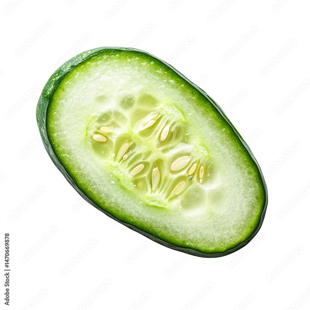 Poster freshly sliced cucumber on a transparent background showcasing its juicy texture and vibrant color, 