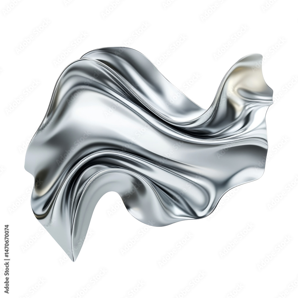 Poster a flowing abstract metallic wave shape suspended in the air against a plain background, flowing abst