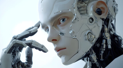 Introspective Android: A detailed shot showcases the intricate design and human-like qualities of an android, the image capturing a moment of thought and contemplation. 