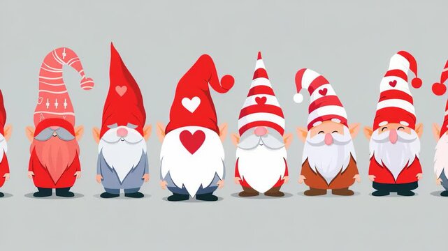 A cheerful illustration features row of whimsical gnomes. They wear red hats decorated with hearts , stripes, , have fluffy white beards, exuding festive , playful mood against light gray background.