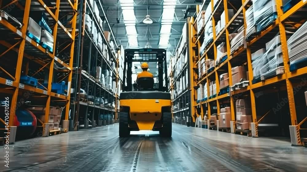 Aufkleber A person operating a forklift in a warehouse with tall rows of shelves on either side, stocked with boxes and other materials. The lighting is bright and the floor is polished concrete.
