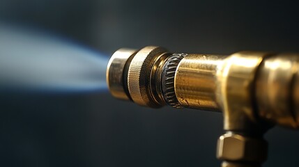Closeup brass metal pipe fitting with blue flame industrial gas dark tool heat tube macro power steam