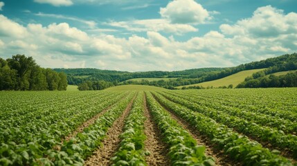 Fototapeta premium Lush, cultivated fields stretching to rolling hills under a vast sky.