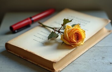 Open vintage poetry book with yellow rose on pages, red pen lies nearby. Romantic, nostalgic scene evokes past memories. Still life inspires reading, learning, art, education. Romance, love, classic